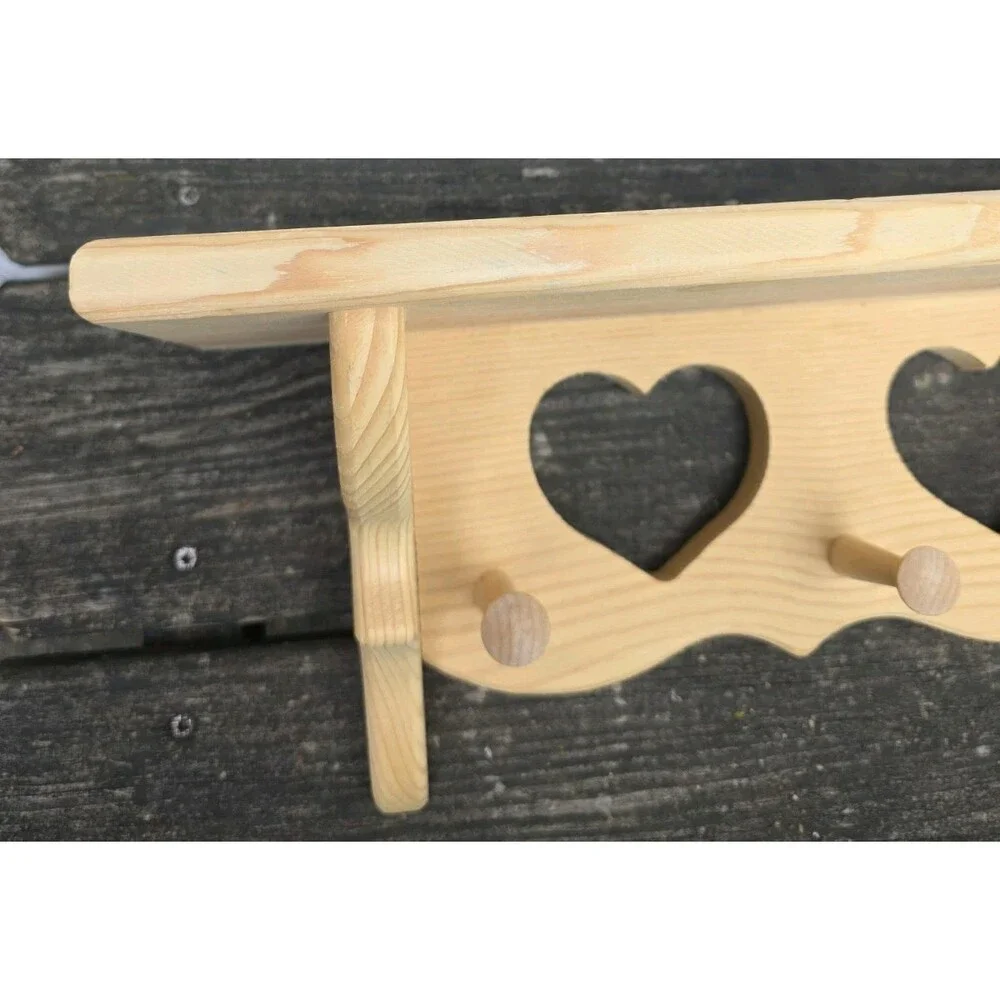 Vtg Unfinished Pine Wall Shelf Cutout Hearts Shaker Peg Rack Country 22